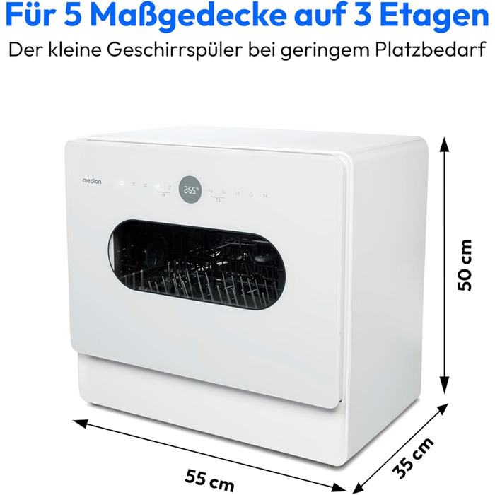 MINI посудомийна машина MEDION DWT51 (біла, зі скляними дверцятами, 5 комплектів посуду, таймер, без підключення до води)