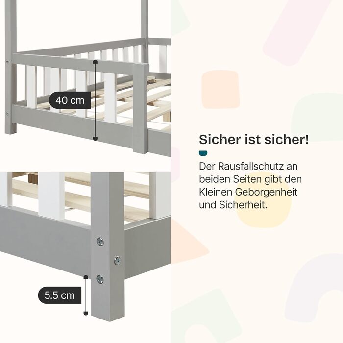 Ліжко дитяче Sisimiut Montessori 140x200 см з бар'єром. Дерев'яне ліжко для дітей, підлога, ламелі, сосна, світло-сірий/білий, без матрацу