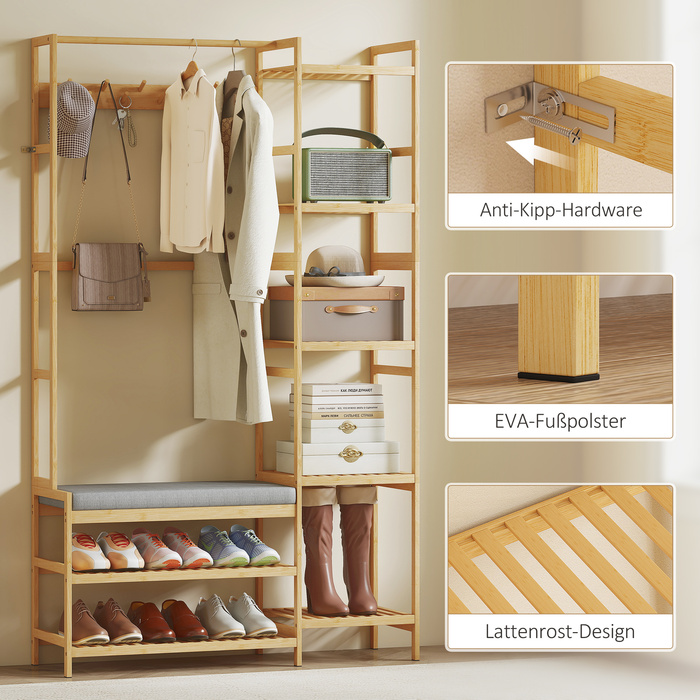 Етажерка для одягу з полицею для взуття, гачками для одягу, вішалкою для пальто, лавкою з подушкою – ідеальне рішення для передпокою або вхідної зони. Виготовлена з натурального дерева.