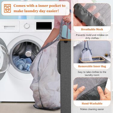 Кошик для білизни з кришкою 70л, вузький, з бамбуковими ручками та внутрішньою кишенею, складний, портативний, для пральні, йоги, темно-сірий 70л