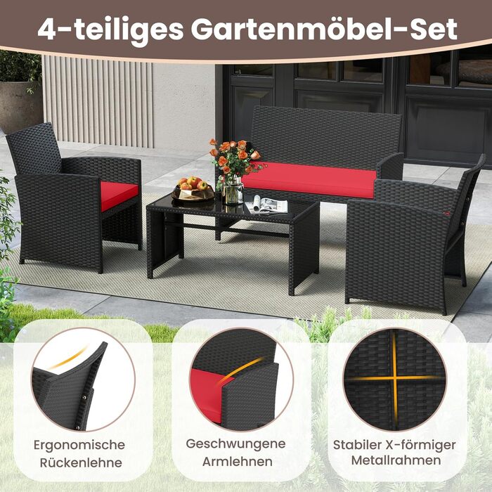 Садовий набір меблів COSTWAY з ротангу для балкона та тераси: диван, 2 крісла, стіл, подушки (сірий + чорний)