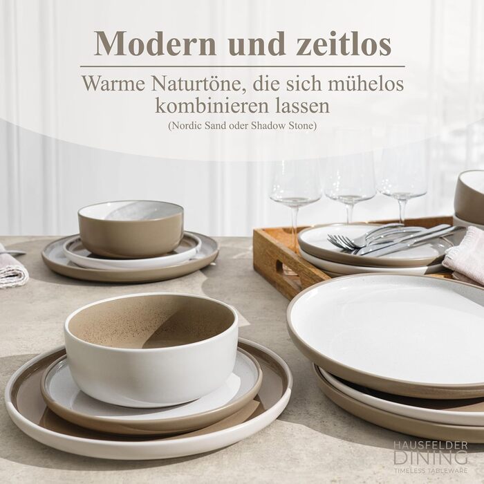 Набір посуду Hausfelder для 8 осіб (32 елементи) – сервіз з тарілок, мисок та чашок, кераміка, бежевий (Nordic Sand), стійкий до миття в посудомийній машині