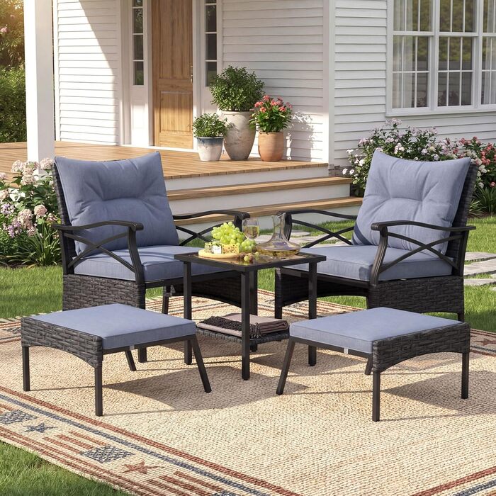 Садовий набір меблів COSTWAY з ротангу, 5 предметів: 2 крісла з подушками, пуф та стіл для балкона, тераси, саду (Чорний + Сірий)