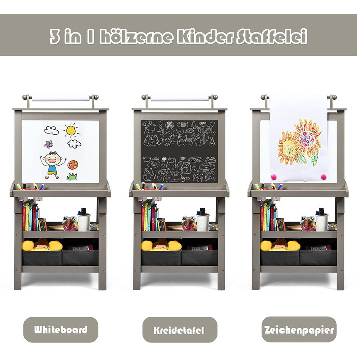Дитячий мольберт COSTWAY 3-в-1 дошка, дошка для крейди та паперу, з полицею та коробками (сірий)