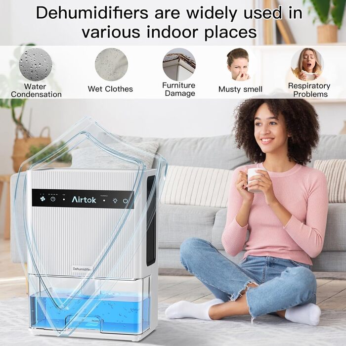 Електричний осушувач повітря Airtok 3000 мл, для спальні та підвалу, з таймером та автоматичним відключенням, 7 кольорів підсвічування