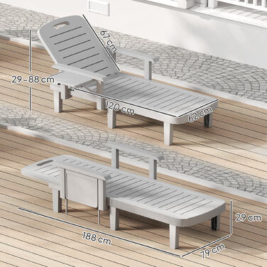 Шезлонг для саду з бічним столиком, імітація дерева, з 5-позиційним регулюванням спинки, світло-сірий