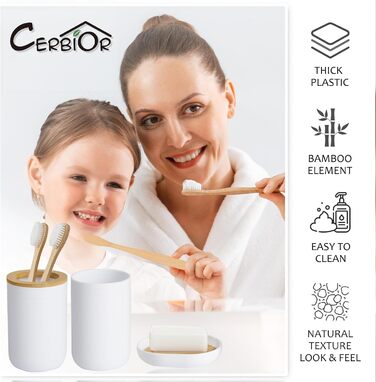 CERBIOR Набір аксесуарів для ванної кімнати з бамбука, 6 предметів: мильниця, тримач для зубних щіток, стакан для ополіскування, дозатор для лосьйону, флакон, сміттєвий бачок, щітка для унітазу, білий