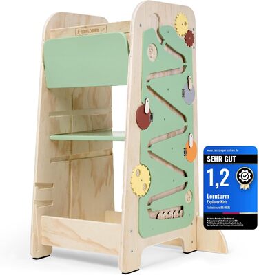 Дерев'яний навчальний столик-лесенка EXPLORER Kids® Montessori 5-в-1 | Регульована висота, захист від падіння, захист від перекидання | Розвиває моторику, цифри та форми | Білий та салатовий кольори | Для дітей від 1 року