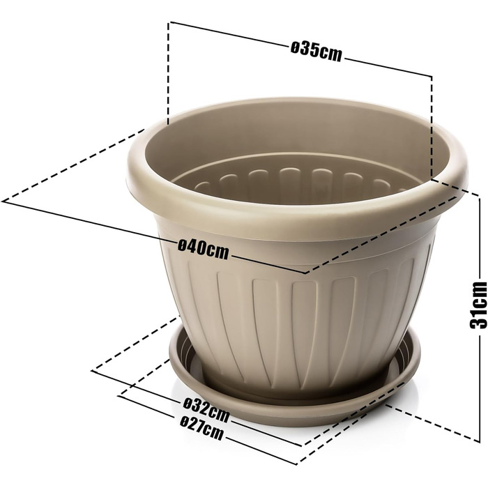 Квітчар BigDean 3X: 3 горщики з підставкою, мокко, ø40xH31 см - вологостійкий пластиковий горщик для дому та саду, Made in Europe