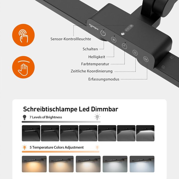 Світлодіодна настільна лампа sympa, з можливістю затемнення, 2000 л, 103 см, лампа з затискачем з перемикачем жестів і пам'яттю, чорна