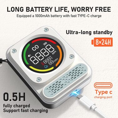 Портативний детектор чадного газу 3-в-1 з перезаряджаємою батареєю, сенсор на 10 років, 200 годин роботи для подорожей, кемпінгу, намету, автодому, дому, кухні