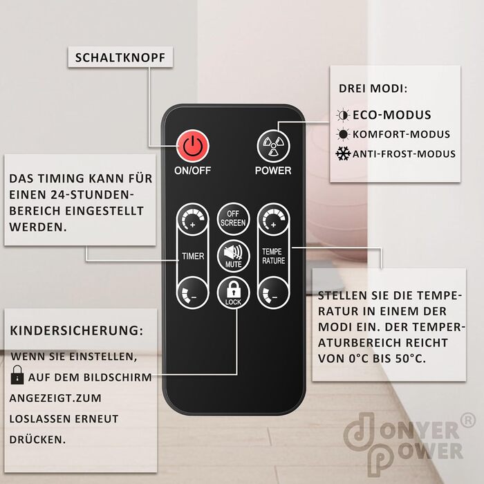 Конвектор DONYER POWER 2500W з Wi-Fi, 24h таймер, керування від пульта, скло, настінний/підлоговий