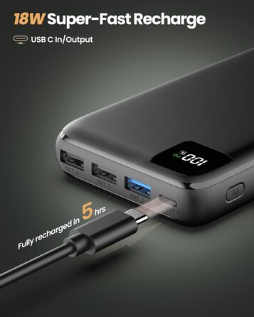 МАг, швидкий зарядний пристрій 22,5 Вт, USB C, LED-дисплей, для iPhone/планшета (чорний), 27000