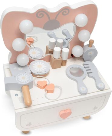 Детський туалетний столик Mamabrum XXL з дерева з пуфом та LED-дзеркалом – для дівчаток від 3 років, з ящиком та аксесуарами для макіяжу, ігровий набір та письмовий стіл (MAM242 DRESSING TAB)