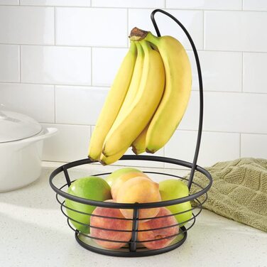 Кошик для фруктів InterDesign Axis з банановим гачком, сучасна ваза для фруктів з металевим дротяним тримачем для бананів, матово-чорна