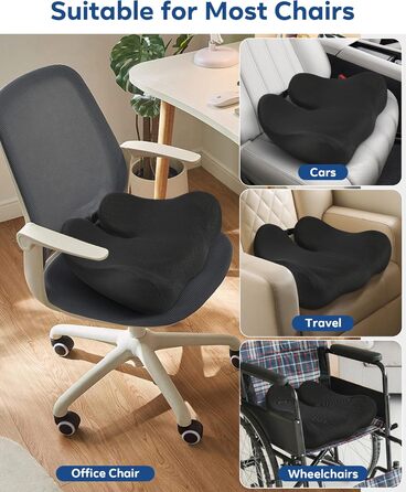 Ортопедична подушка для сидіння Feagar з memory foam - ергономічна подушка для офісного крісла, авто та дому - подушка для куприка, зняття навантаження при тривалому сидінні, неслизька (до 100 кг), чорна