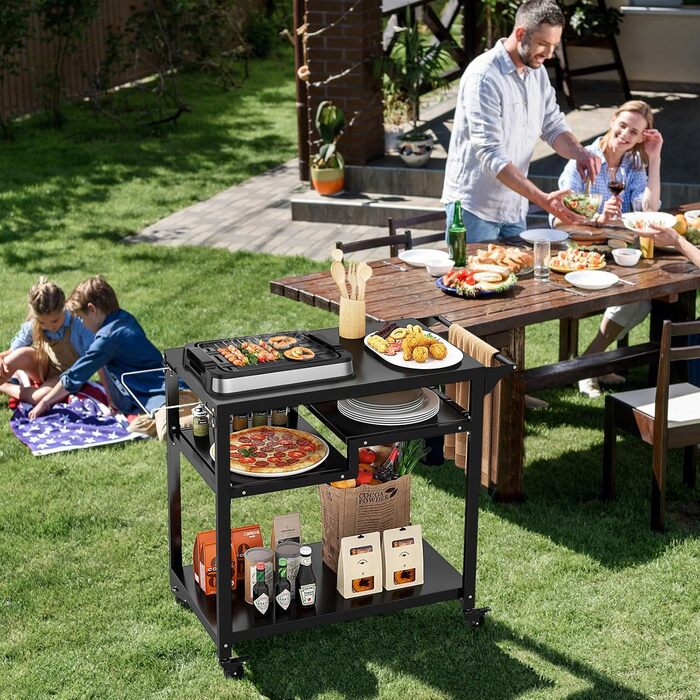 Візок для гриля Komfotteu з металу, садовий візок з робочим столом, 4 полиці та ручка, візок для гриля з 6 гачками та тримачем для сміттєвих пакетів, чорний