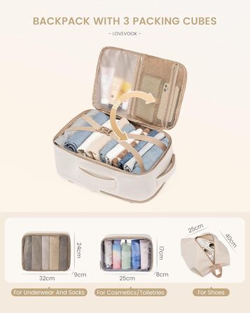 LOVEVOOK Рюкзак для ручної поклажі, 40L, для подорожей, чоловічий/жіночий, для ноутбука 17 дюймів, водонепроникний, рюкзак-валіза, для вихідних, роботи, відпустки, бежевий (бежевий+хакі)