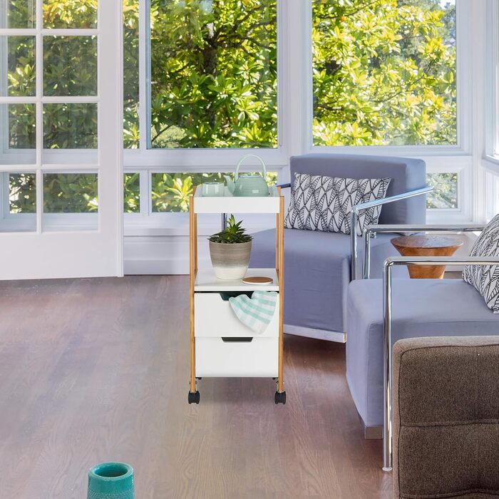 Столик-візок Relaxdays на колесах з шухлядами, білий (MDF, бамбук, 69x30x30 см)