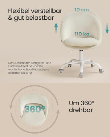 Крісло SONGMICS для офісу та дому, з оксамитовою передньою частиною, регульоване по висоті, для робочого кабінету або спальні, кремовий колір, OBG020WD01