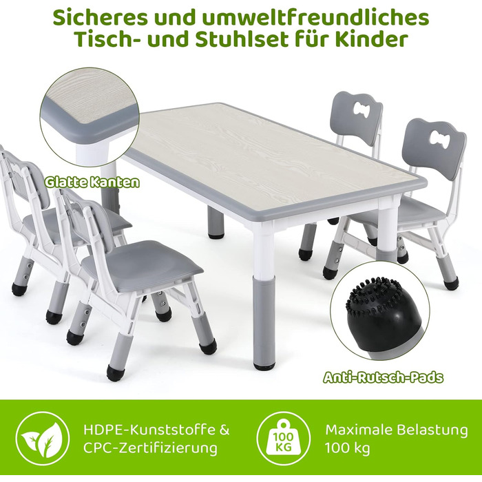 Дитячий стіл MAMIZO з 4 стільцями, регульована висота, набір для дитячої кімнати/садка, пластикові меблі, сірий, 60 x 120 см