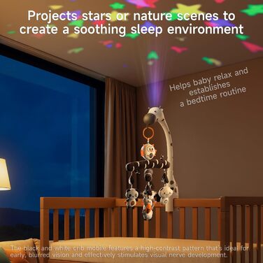 Мобіль для дитячого ліжечка TUMAMA для малюків 0-6 місяців з нічником, проєктором, музикою та білим шумом, чорно-біле іграшкове звірятко для підвішування