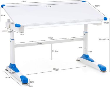 Дитячий стіл Wohnling Design WL5.760 дерево 119 x 67 см Синьо-білий стіл для малювання Перекидний студентський стіл для дівчини Дитячий стіл з регулюванням висоти Дитячий стіл Каркас столу металевий