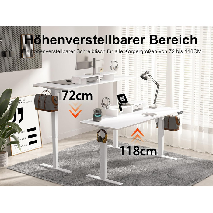 Регульований стіл WALKINGDESK для дому та офісу: електричний, з висувними ящиками, підставкою для монітора та тримачем для телефону (140 x 60 см, білий)