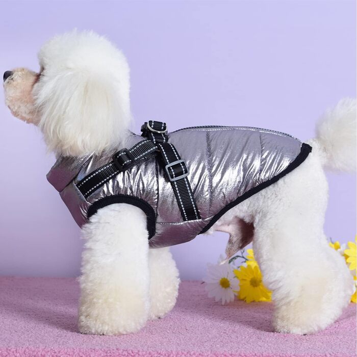 Зимовий жилет Ectkuee Dog Jacket зі шлейкою, водонепроникний, світловідбиваючий, можна прати в пральній машині (M, срібло)