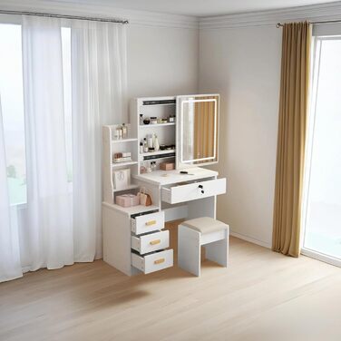 Трюмо YuYe з LED-підсвічуванням, регульованою яскравістю, дзеркалом, пуфом, 5 шухлядами та 3 полицями, сучасний комод для макіяжу з дерева, білий (125)