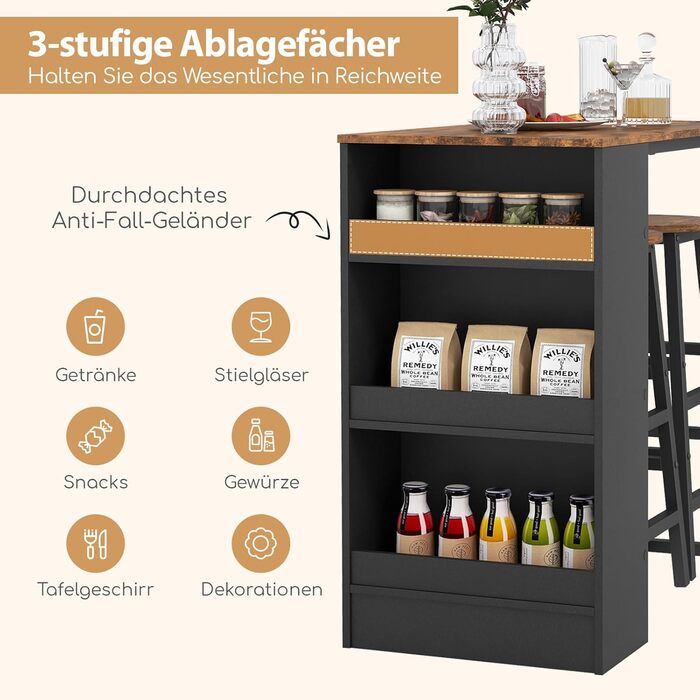 Барний стіл COSTWAY з барними стільцями (набір для 2 осіб), з 3 полицями, кухонний стіл у стилі ретро, колір - коричневий