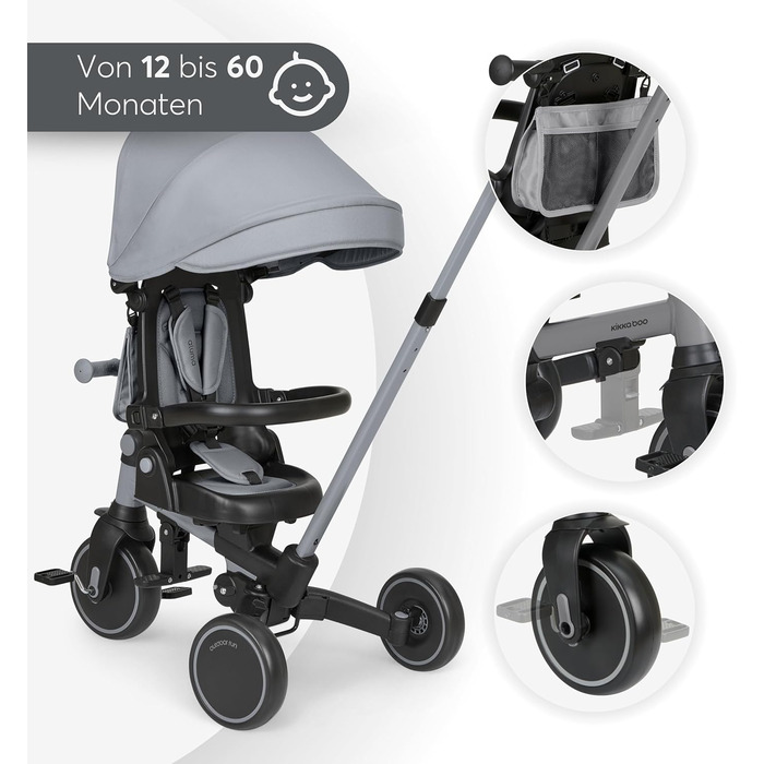 KikkaBoo Триколісний велосипед 8-в-1 з ручкою для батьків Aluma (Сірий) від 1 року. Дитячий велосипед з поворотним сидінням, ремені безпеки, алюмінієва рама