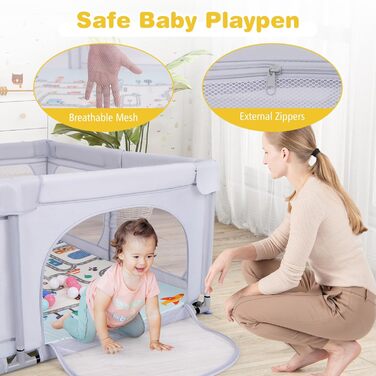 Дитячий манеж COSTWAY Laufstall з матрацом 189 x 158 см, з 50 м'ячиками та 4 ручками. Манеж-ігровий центр з дихаючим мережем для малюків (Світло-сірий)