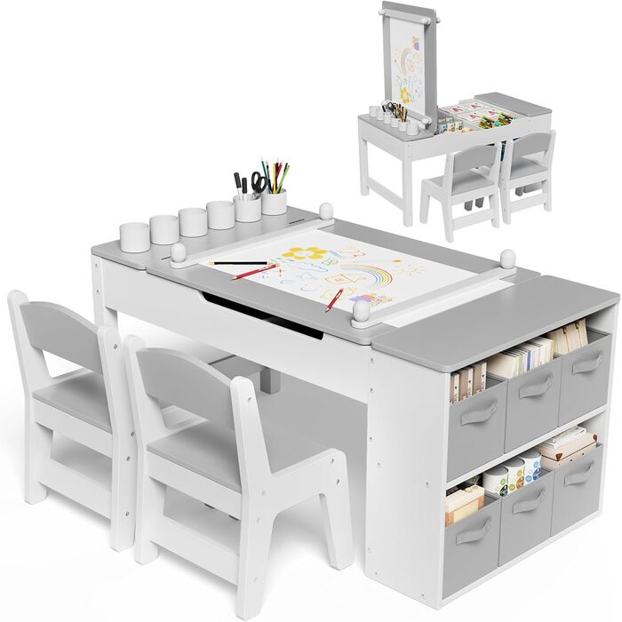 Дитячий стіл MAMIZO з 2 стільцями: дерев'яний стіл для ігор з місцем для зберігання, комплект меблів для дітей 3+ (сірий)