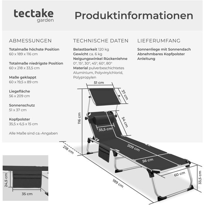 Шезлонг Tectake® з дахом: легкий, розкладний, для балкона, саду, кемпінгу та пляжу. Алюмінієвий, сірий меланж (чорний)