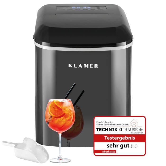 Льодогенератор KLAMER компактний з лопаткою, 2 розміри льоду, 10 кубиків за 7 хв, 15 кг/добу, тихий, з таймером, чорний 2.1л