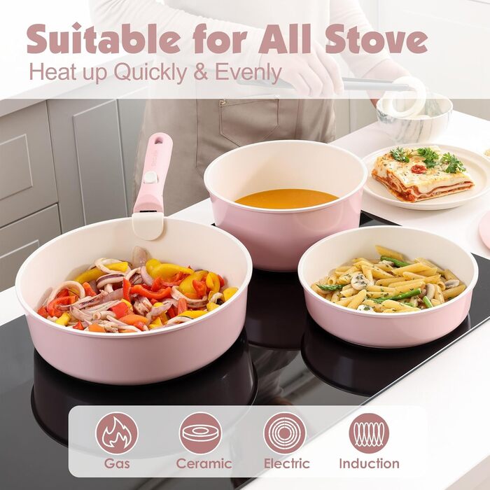 Набір посуду SENSARTE 17 частин з керамічним покриттям, антипригарний, для всіх плит, безпечний, рожевий