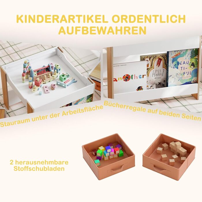 Детский стол со стульями COSTWAY 3 в 1, деревянный стол для рисования с ящиком, комплект детской мебели для детей от 3 лет, столешница с покрытием (Натуральный, Комбинированный)