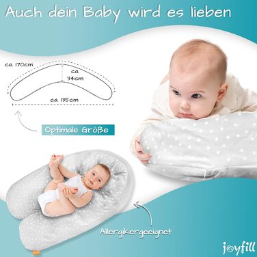 Подушка для годування Joyfill® Premium Stillkissen з мікроперлин, 170 см - ідеальна для сну та годування. Зручна та тиха завдяки наповнювачу з мікроперлин. Бічна подушка для годування, 100% Made in Germany. Сірий колір, в горошок.