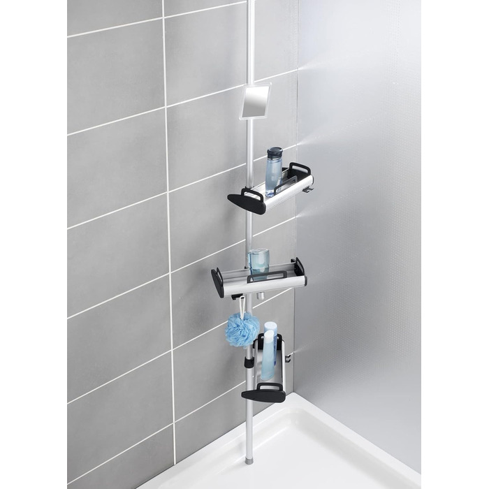 Телескопічна полиця для ванної кімнати, регульована по висоті душова полиця з 3 полицями та дзеркалом, алюміній, 30 x 70-260 x 17 см, срібло