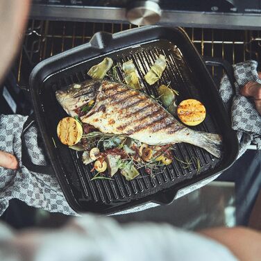 Гриль-сковорода Burnhard Gusseisen, квадратна 30 см, з попереднім прожарюванням, для стейків, сумісна з газовими грилями, духовкою, вогняною чашею та всіма типами плит (включаючи індукційну), чавунна сковорода-гриль 30 см