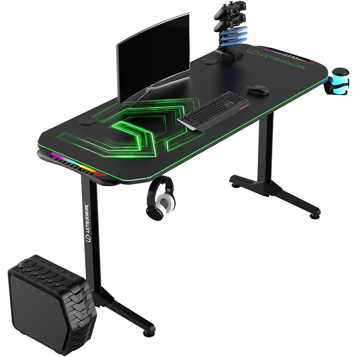 Ігровий стіл ULTRADESK FRAG V3 LED RGB, місце для 2 моніторів, сталь, 150x60 чорний (зелений світлодіод)