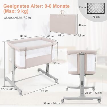 Дитяче ліжко-гойдалка DREAMADE 2 в 1 з регулюванням висоти, 5 ступенів, з матрацом та колесами, 86 x 63 см, для новонароджених до 9 кг, з нахилом 10°, бежевий колір