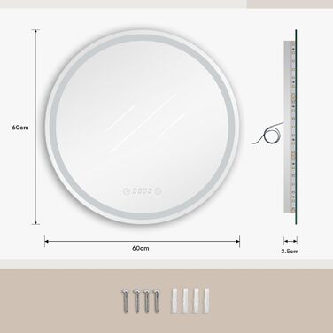 Дзеркало для ванної кімнати Dripex круглої форми з підсвічуванням LED, сенсорне керування, регулювання яскравості, 3 кольори світла, запобігання запотіванню, 50x50 см