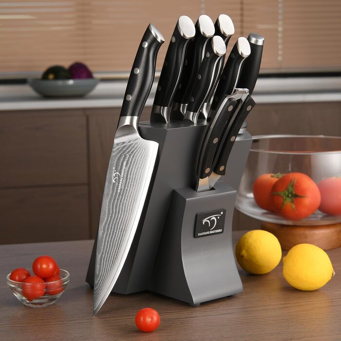 Набір кухонних ножів Дамаск з дерев'яним блоком, професійний кухонний набір, VG10, 67 шарів, преміум якість (9 предметів, сірий)