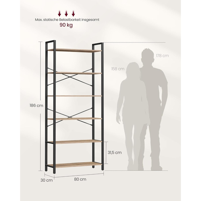 Стелаж VASAGLE з 6 полицями, сталевий каркас, для вітальні, спальні, кабінету, 30 x 80 x 186 см, індустріальний дизайн, вінтажний колір (коричневий + чорний)