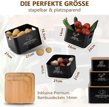 Коробки для зберігання картоплі та овочів MNKsolution (3 шт.) - Чорні контейнери для картоплі, овочів, цибулі та часнику - Органайзер для кухні