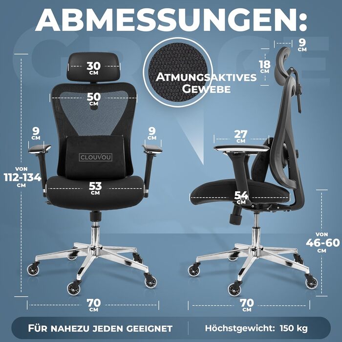 Крісло офісне Clouvou CleverSeat Ergonomiczne: регульоване, для офісу та геймінгу, чорне, до 150 кг