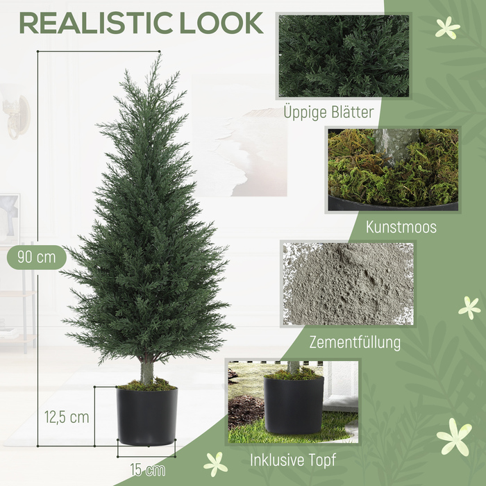 Набір з 2 штучних кипарисових рослин, 362 пластикових листя, горщик, стійкі до УФ-випромінювання, зелені