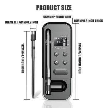 Бездротовий термометр для м'яса ANTELA з Bluetooth 200M, LCD дисплеєм, сигналом та APP, для приготування на грилі, BBQ та в духовці